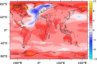 Temperature anomaly in degrees Celsius after 95 years from the onset of an AMOC collapse.